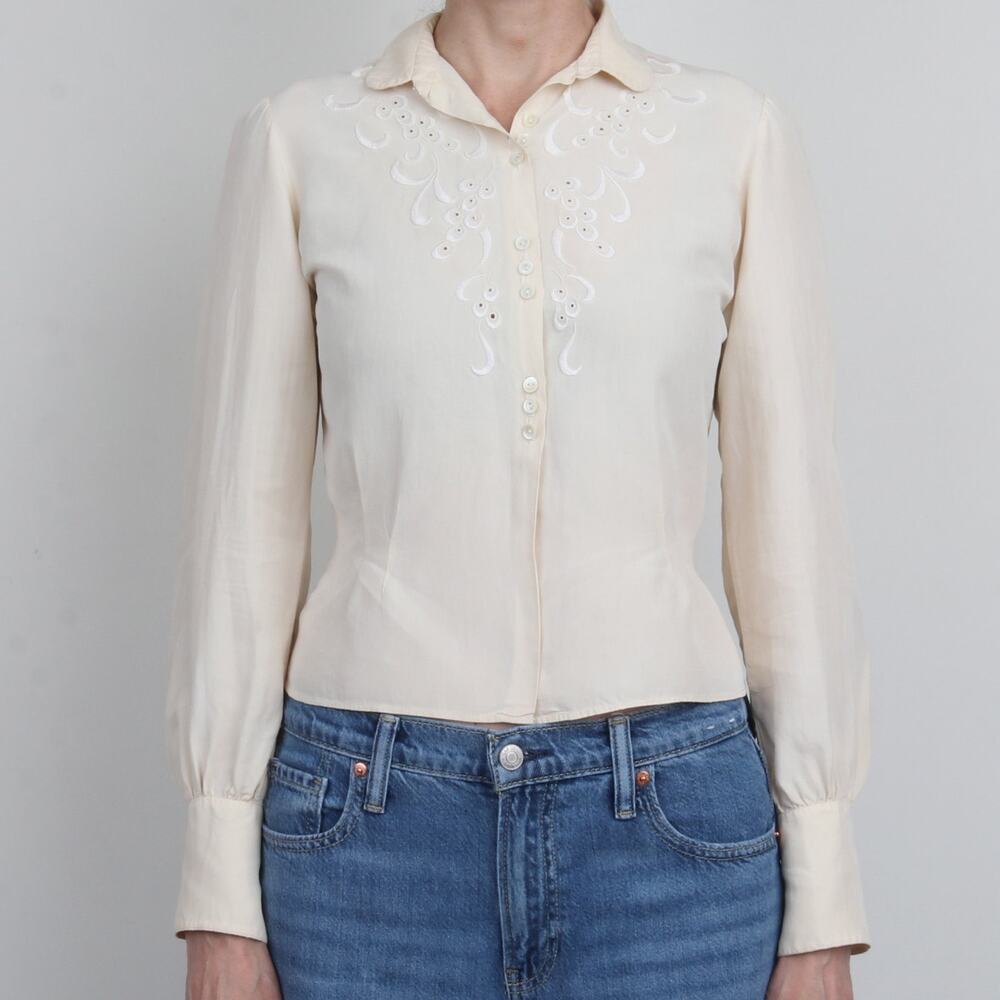 Vintage 1950s Cream Embroidered Cutwork Detail 100% Silk Blouse XS/S France
